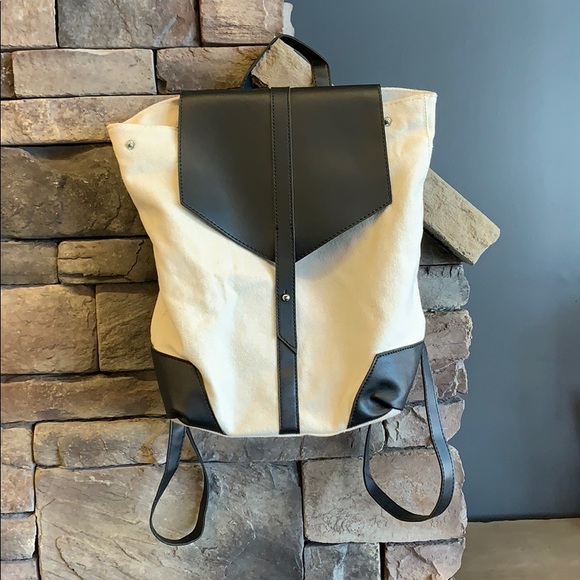 DEUX LUX |Cream Canvas Black Faux Leather Backpack Eco-Friendly Vegan Bag Unisex - Picture 2 of 10
